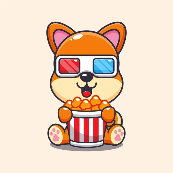 Cute Shiba Inu Jedzenia Popcornu Oglądać Film Wektor Ilustracji — Wektor stockowy