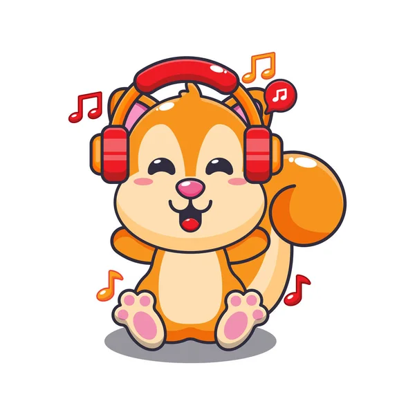 Leuke Eekhoorn Luisteren Muziek Met Hoofdtelefoon Cartoon Vector Illustratie — Stockvector