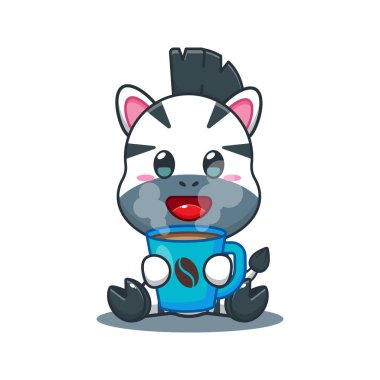 Zebra ve sıcak kahve çizgi film vektör çizimi. 