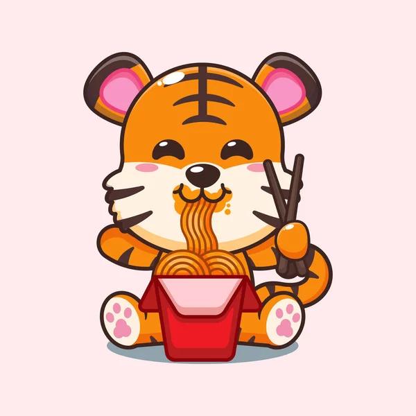 Tiger Eating Noodle Cartoon Vector Illustration — Stock Vector