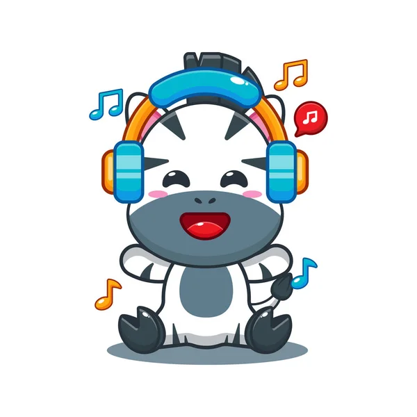 Zebra Ouvir Música Com Headphone Cartoon Vector Ilustração — Vetor de Stock