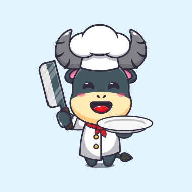 Şef Bufalo çizgi film vektörü bıçak ve tabakla. 