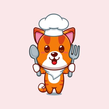 Şef kedi çizgi filmi vektörü kaşık ve çatal tutuyor.. 