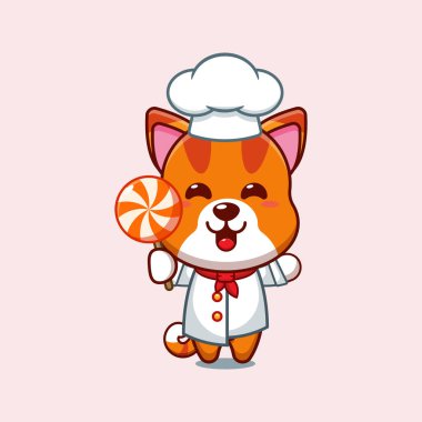 Şef kedi çizgi film vektörü elinde şeker tutuyor. 