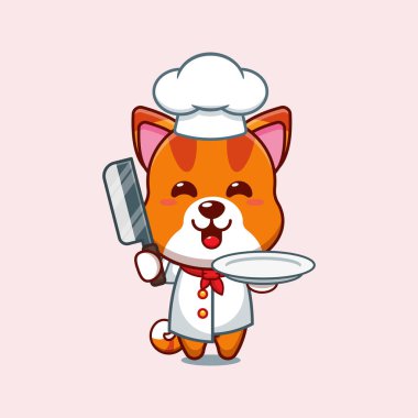 Şef kedi çizgi film çizimi. Bıçak ve tabakla.. 