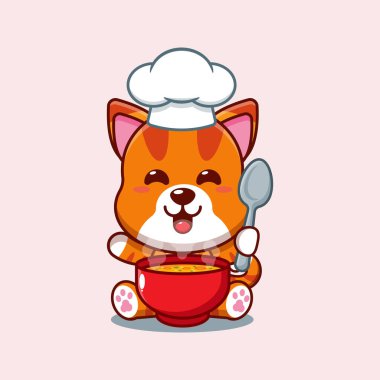 Şef kedi çorbalı çizgi film vektörü.. 