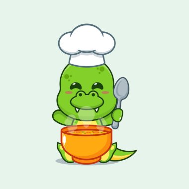 Şef dino karikatür vektörü çorbayla. 