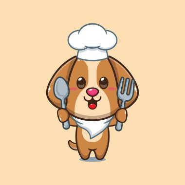 Şef köpek çizgi filmi vektörü kaşık ve çatal tutuyor.. 