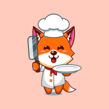 Bıçak ve plakalı Şef Fox çizgi film vektörü.. 