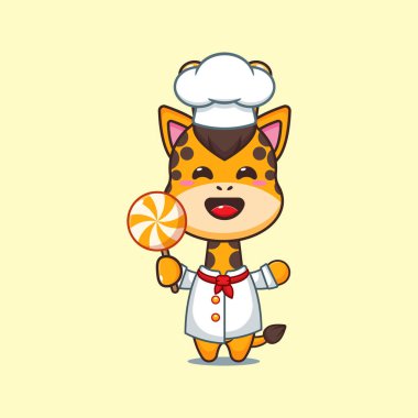 Şef zürafa çizgi film vektörü elinde şeker tutuyor.. 