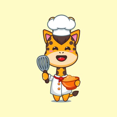 Şef zürafa pasta hamurlu çizgi film vektörü. 