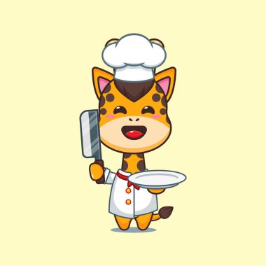 Şef zürafa karikatür vektörü bıçak ve tabakla. 