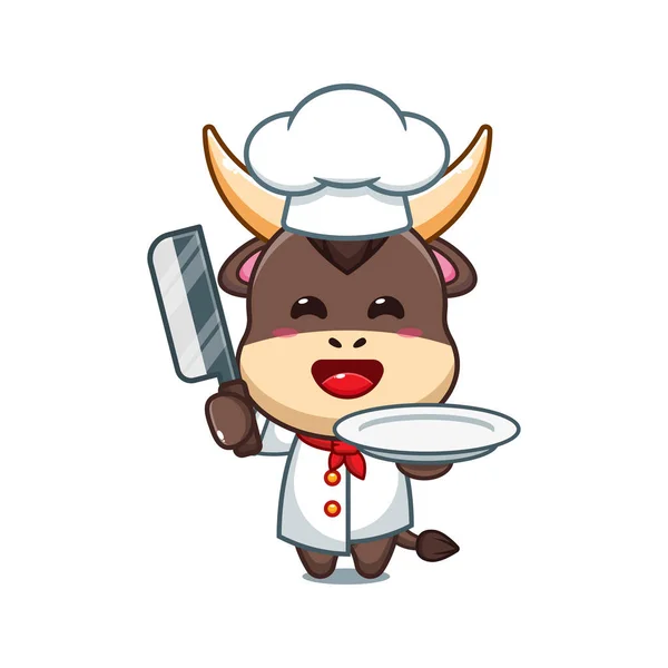 Chef Bull Cartoon Vector Knife Plate — Stock Vector
