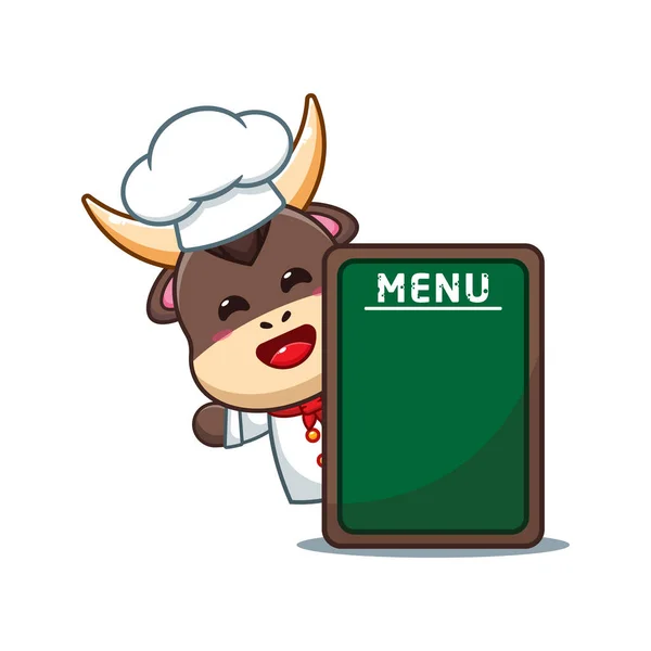 Chef Touro Cartoon Vector Com Placa Menu — Vetor de Stock