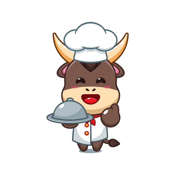 Chef Bull Dessin Animé Vecteur Avec Plat — Image vectorielle
