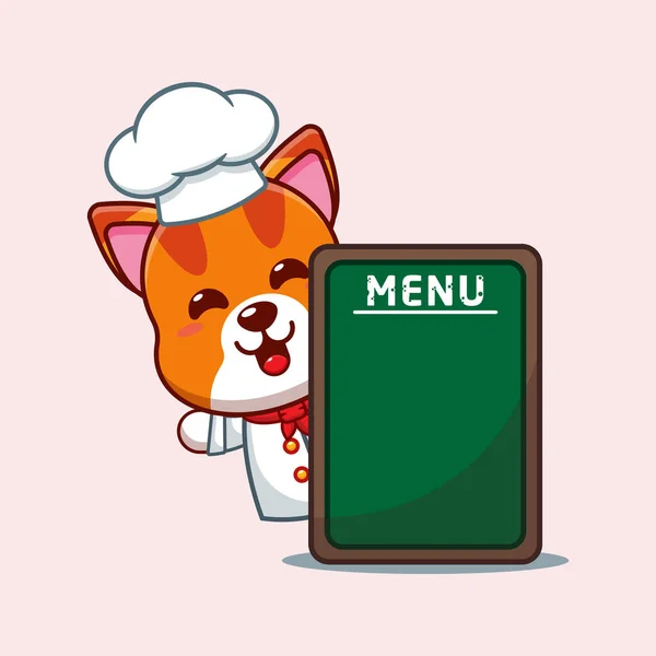 Chef Gato Desenho Animado Vetor Com Placa Menu — Vetor de Stock