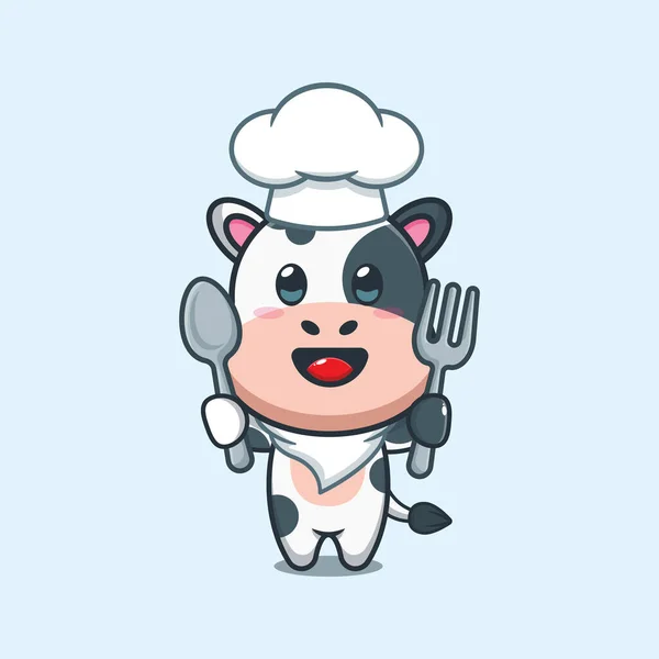 Chef Vache Dessin Animé Vecteur Tenant Cuillère Fourchette — Image vectorielle