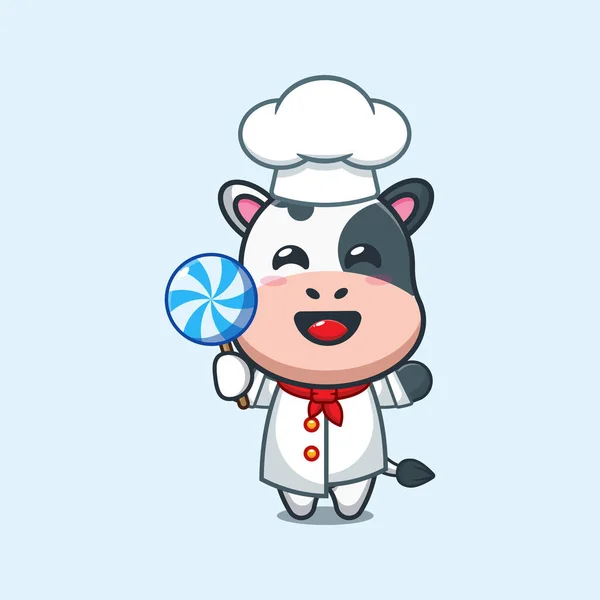 Chef Vaca Dibujos Animados Vector Celebración Dulces — Vector de stock
