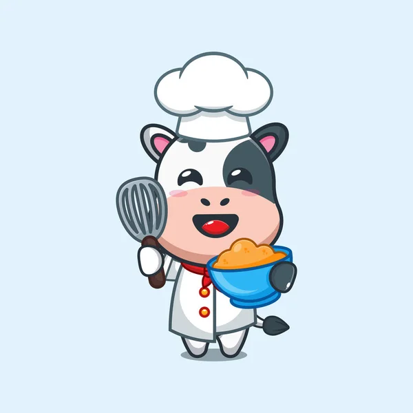 Chef Vaca Vector Dibujos Animados Con Masa Pastel — Vector de stock
