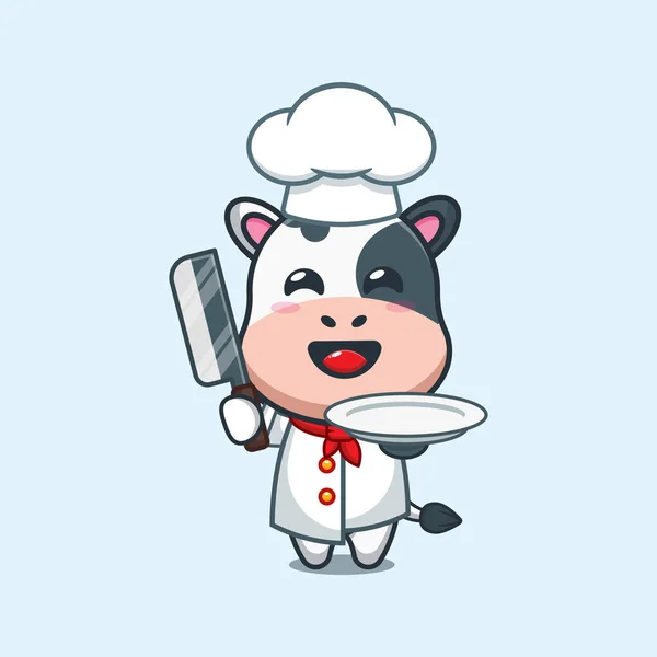 Vector Dibujos Animados Vaca Chef Con Cuchillo Plato — Vector de stock