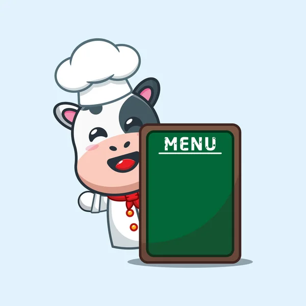 Vetor Desenhos Animados Vaca Chef Com Placa Menu — Vetor de Stock