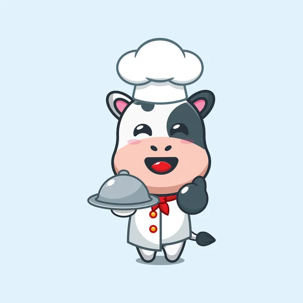 Chef Αγελάδα Φορέα Κινουμένων Σχεδίων Πιάτο — Διανυσματικό Αρχείο