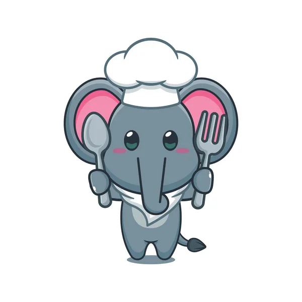 大厨大象卡通人物拿着勺子和叉子 — 图库矢量图片