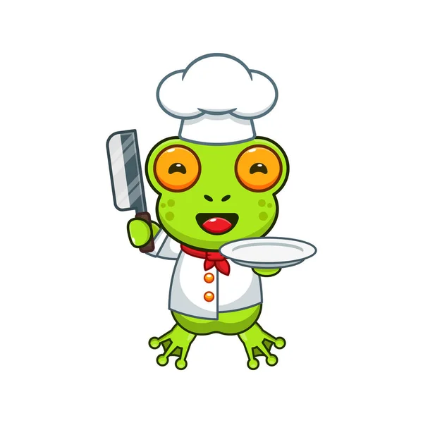 Chef Grenouille Dessin Animé Vecteur Avec Couteau Assiette — Image vectorielle
