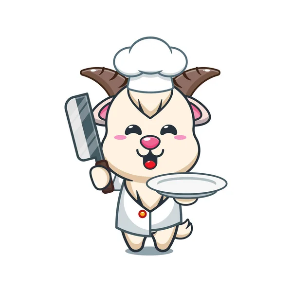 Chef Vecteur Dessin Animé Chèvre Avec Couteau Assiette — Image vectorielle