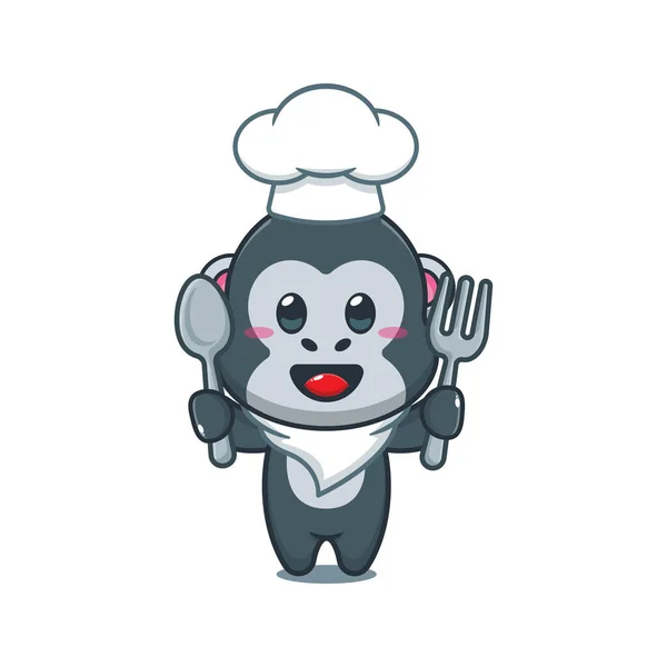 Chef Gorille Dessin Animé Vecteur Tenant Cuillère Fourchette — Image vectorielle