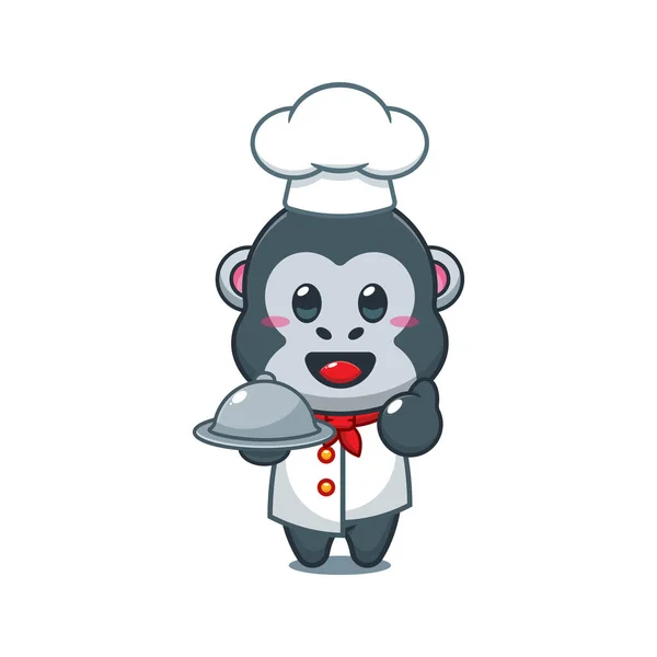 Chef Gorilla Vettore Cartone Animato Con Piatto — Vettoriale Stock