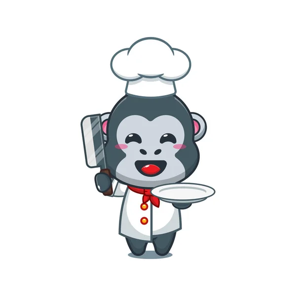 Chef Gorilla Cartoon Vektor Mit Messer Und Teller — Stockvektor