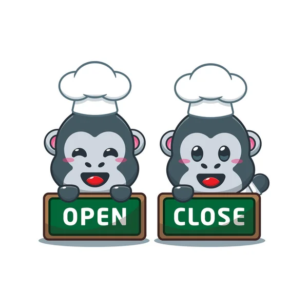 Chef Gorilla Cartoon Vector Open Close Board — Stock Vector