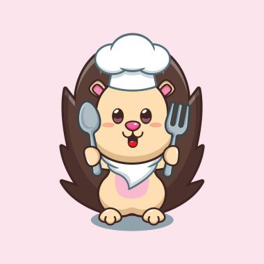 Şef kirpi karikatür taşıyıcısı kaşık ve çatal tutuyor.. 