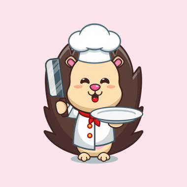 Şef kirpi karikatür vektörü bıçak ve tabakla. 