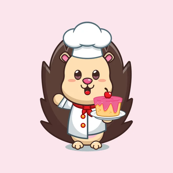 Chef Hedgehog Cartoon Vector Cake — Stock Vector