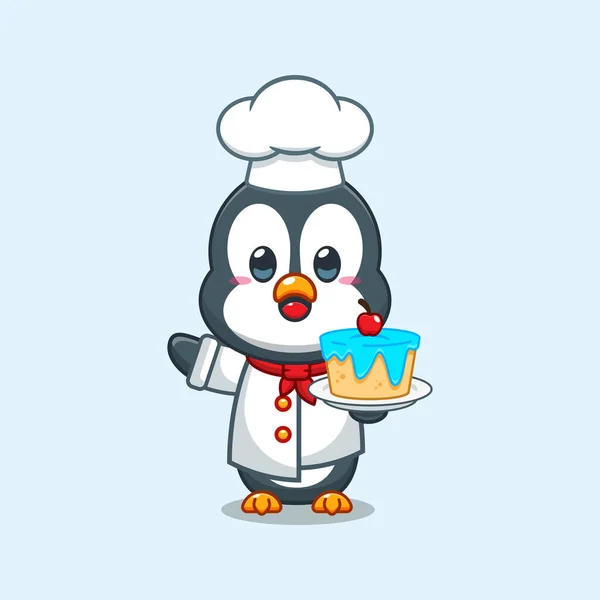 Chef Penguin Cartoon Vector Cake — Stock Vector