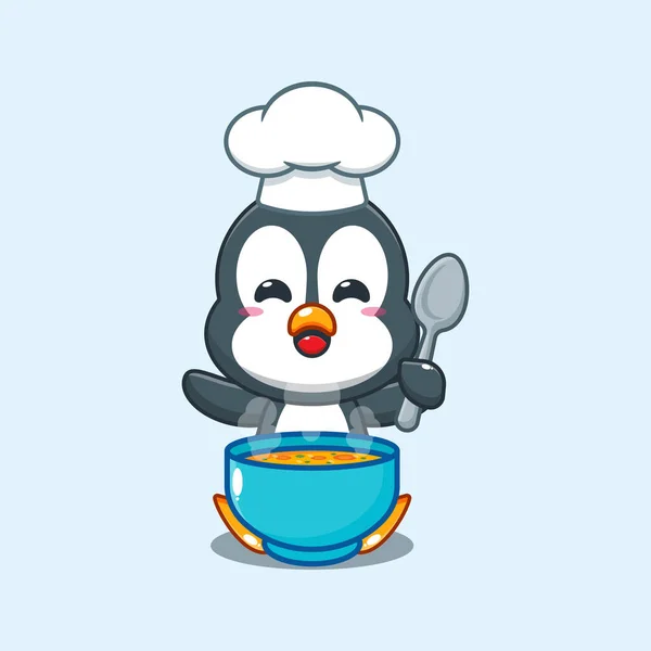 Chef Pingüino Vector Dibujos Animados Con Sopa — Vector de stock