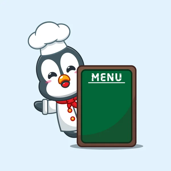 Chef Pinguino Vettore Cartone Animato Con Scheda Menu — Vettoriale Stock