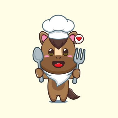 Şef at çizgi filmi vektörü kaşık ve çatal tutuyor.. 