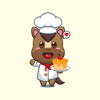 Şef at çizgi film vektörü ve pasta.. 