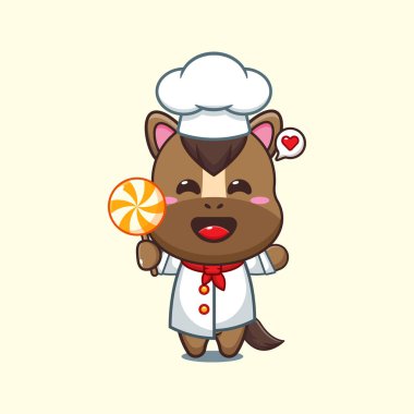 Şef at çizgi film vektörü elinde şeker tutuyor. 