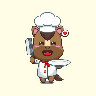 Şef at çizgi film vektörü bıçak ve plakalı.. 