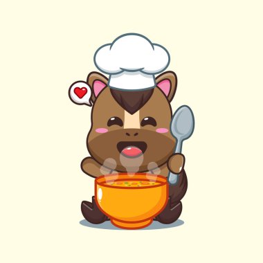 Şef at çizgi film vektörü çorbayla. 