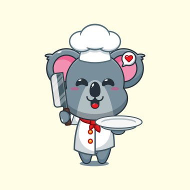 Şef koala, bıçak ve plakalı çizgi film vektörü.. 