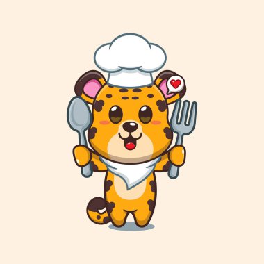 Şef leopar çizgi film vektörü kaşık ve çatal tutuyor.. 