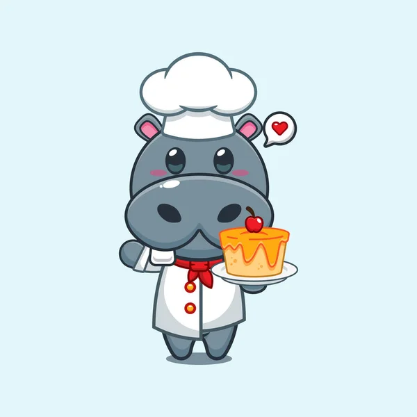 Chef Hippo Vecteur Dessin Animé Avec Gâteau — Image vectorielle