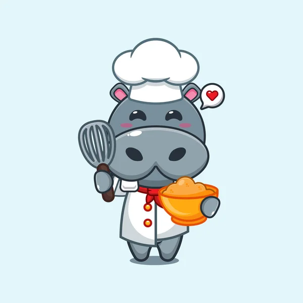 Chef Hipopótamo Vetor Desenho Animado Com Massa Bolo —  Vetores de Stock