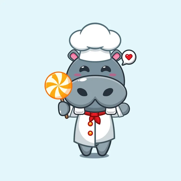 Chef Hippo Vecteur Dessin Animé Tenant Bonbons — Image vectorielle
