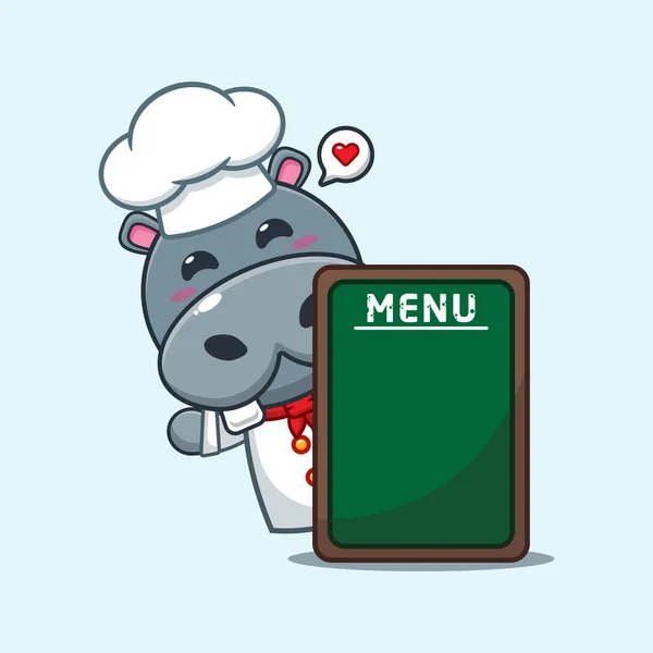 Kuchař Hippo Karikatura Vektor Menu Palubě — Stockový vektor